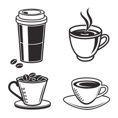 Four coffee cup styles black and white takeaway cup coffee beans