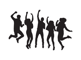  silhouette of young people jumping on a white background