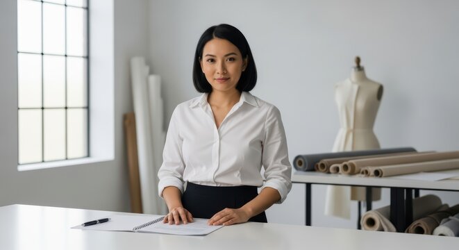 Asian female young adult fashion designer in modern studio with fabric rolls and mannequin - Powered by Adobe