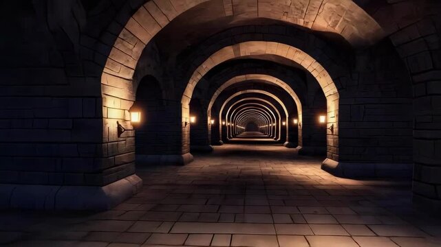 A long dark stone tunnel with repeating arched ceilings and warm wall lamps along the sides.