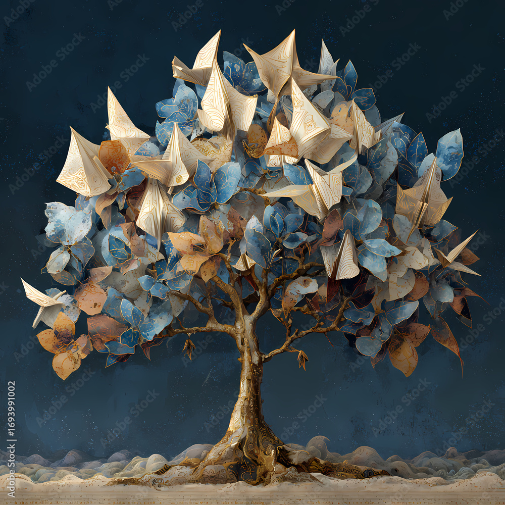 Aufkleber artistic tree with paper leaves against a deep blue background generative ai