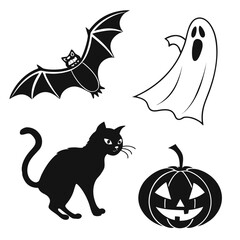 Halloween icons bat ghost black cat jack o lantern vector