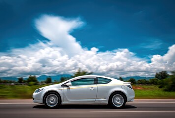 Fototapeta premium A compact white vehicle rushes on a road, blurred greenery and a bright blue, fluffy-cloud sky providing the backdrop for this moving moment