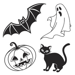 Halloween icons bat ghost pumpkin cat vector