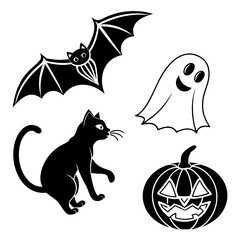 Halloween icons black bat ghost cat pumpkin vector
