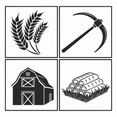 Harvest symbols wheat sickle barn hay bales wheat stalks sickle tool