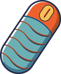 Stylized cartoon sleeping bag with orange and teal colors