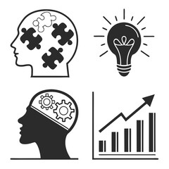 Human head puzzle lightbulb gears growth chart puzzle pieces