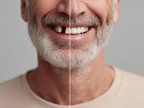 A before and after shot contrasts a smile with a missing tooth to a full, healthy smile. Represents dental care, transformation, confidence, and restoration.