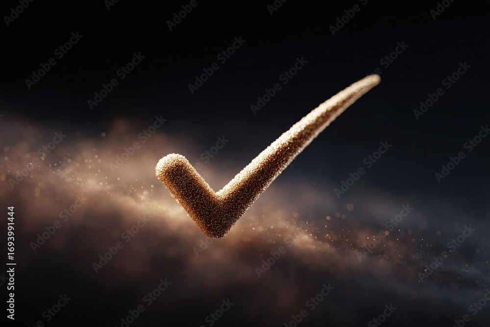 Aufkleber golden checkmark shimmering with particles. symbol of success, approval, and positive affirmation. p
