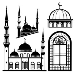 Islamic architecture silhouettes domes minarets arched window mosque silhouette crescent moon