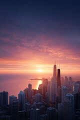 Obraz premium Breathtaking cityscape at dawn, bathed in golden light. Skyscrapers pierce the sky, mirroring the rising sun on the tranquil water. Inspiring, powerful, perfect for urban design.