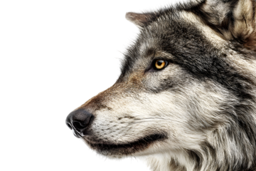Side portrait of gray wolf with piercing eyes and thick fur isolated on transparent background