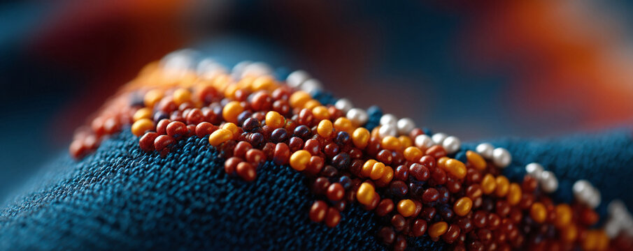 Detailed macro shot featuring colorful beaded fabric. Ideal for textures, backgrounds, or designs needing a tactile, handcrafted aesthetic. Represents creativity, detail, and artisanal skill.