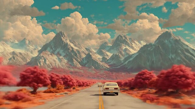 Scenic mountain road with vintage cars and vibrant foliage