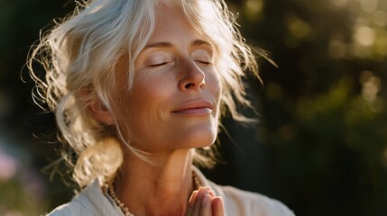 Serene woman practicing mindfulness in a tranquil outdoor setting during golden hour