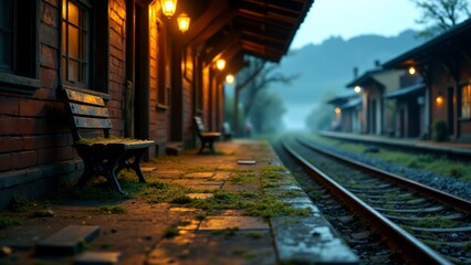 Obraz premium A tranquil dawn at the deserted train station with glowing lamps shining warmly