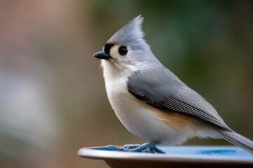 A gray Tufted Titmouse perches on a bluerimmed brown birdbath blurred foliage in background