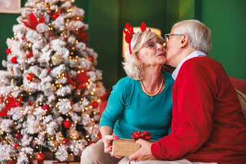 Senior couple exchanging Christmas presents