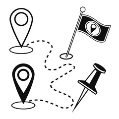 Location markers flag and pin with dashed line location pin map marker
