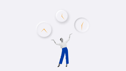 Composition of woman in blue pants juggling three clocks in surreal minimal design on light background. Concept of time balance, multitasking, productivity, stress management and lifestyle.