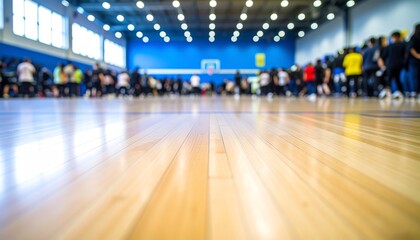 A basketball court floor in focus with a blurred crowd of people standing along the blue walls in the background.