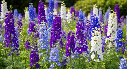 Obraz premium Colorful delphiniums in a garden bed