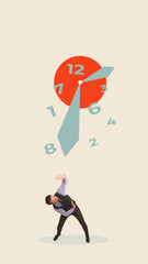 Contemporary artwork. Man bending under giant red clock with falling numbers in surreal business...