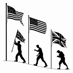 National flags waving with silhouetted figures american flag union jack