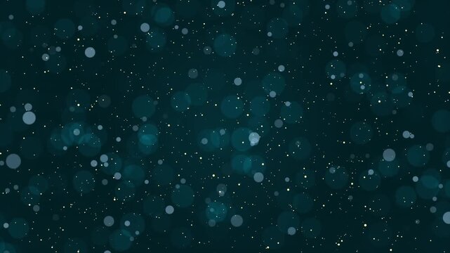 Blue and white circles move upward, and glowing golden dust, stars, glitters flies between them on dark blue background. Abstract video with defocused, bokeh, dots effect. Loop animation.