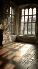 Fototapeta premium Sunlight streams through gothic windows, illuminating an empty room with wooden floors and stone walls