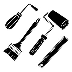 Paint brush roller scraper and ruler silhouettes vector
