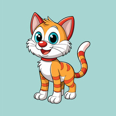A playful cartoon kitten with a white stripe on its fur and a shiny red nose