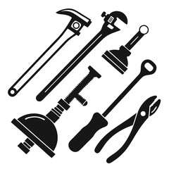 Plumbing tool silhouettes pipe wrench pliers plumbing tools plunger