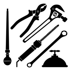 Plumbing tools collection black silhouettes pipe wrench pliers