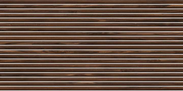 Dark walnut wood slat wall texture, horizontal timber lath background, seamless wooden fluted paneling for interior design and architectural visualization