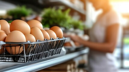 Fresh farm eggs on supermarket shelf Organic poultry products, natural food display, grocery store, healthy shopping close-up on blurred background