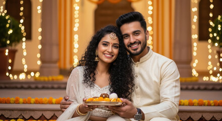 young indian couple holding sweet plate sitting together on diwali festival