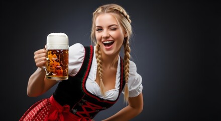 Joyful woman in traditional bavarian dress holding a large beer mug