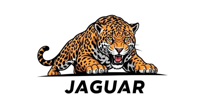 A fierce, snarling big cat, its body spotted in orange and black, crouches low to the ground. Its open mouth displays sharp teeth. The word "JAGUAR" is beneath it