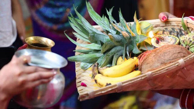 festive chhath puja scene with devotee presenting chhath argha offerings