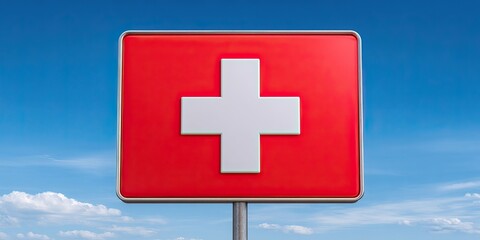 Obraz premium A red sign with a white cross against a bright blue sky backdrop