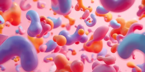 Abstract 3D render featuring a group of colorful rounded shapes floating against a pink background