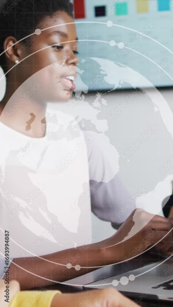 Aufkleber animation of data processing and globe over diverse business people talking in office