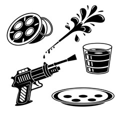Water gun splashing liquid near glass and plate black and white