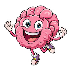 A lively pink brain cartoon leaps joyfully with a big smile, radiating playful energy