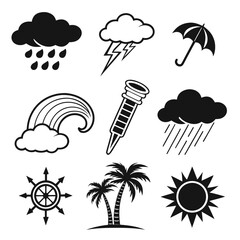 Weather icons storm rain umbrella rainbow sun palms vector