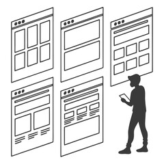 Website layout wireframes and person using tablet interface