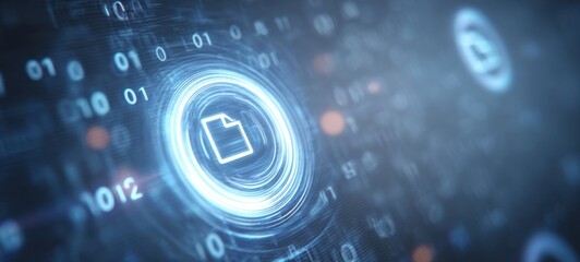 The File Icon Surrounded by Futuristic Digital Interface, Binary Code and Data Flow