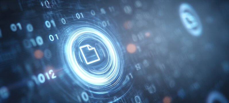 The File Icon Surrounded by Futuristic Digital Interface, Binary Code and Data Flow - Powered by Adobe